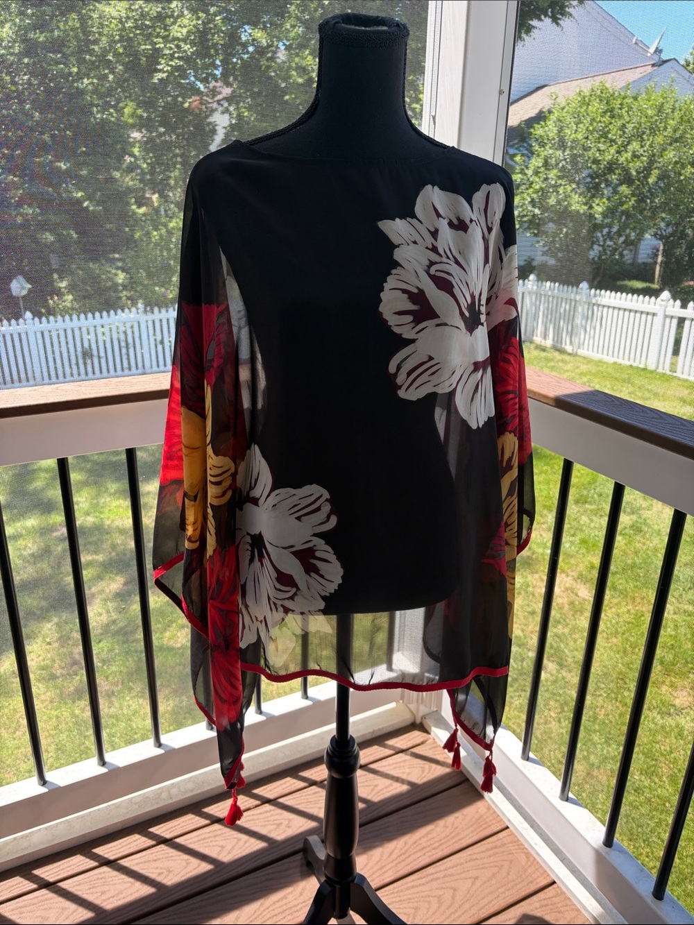 Chico’s Sheer Black Floral Poncho/Tunic with Tassels